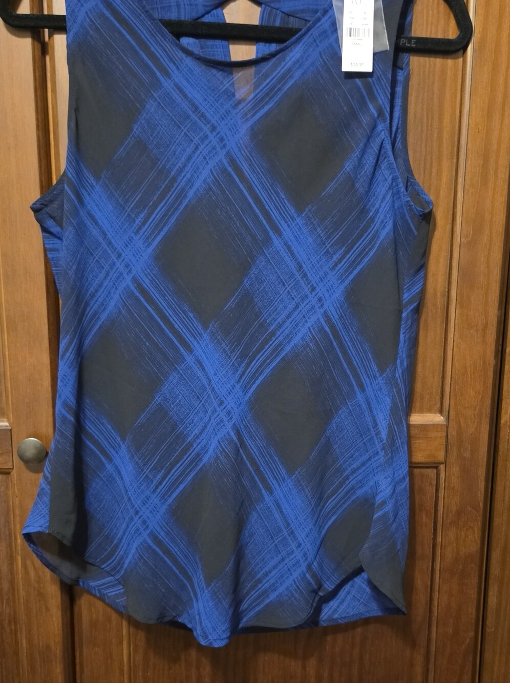 New York & Company Navy Blue Sheer Draped Back Sleeveless Top - Picture 2 of 2